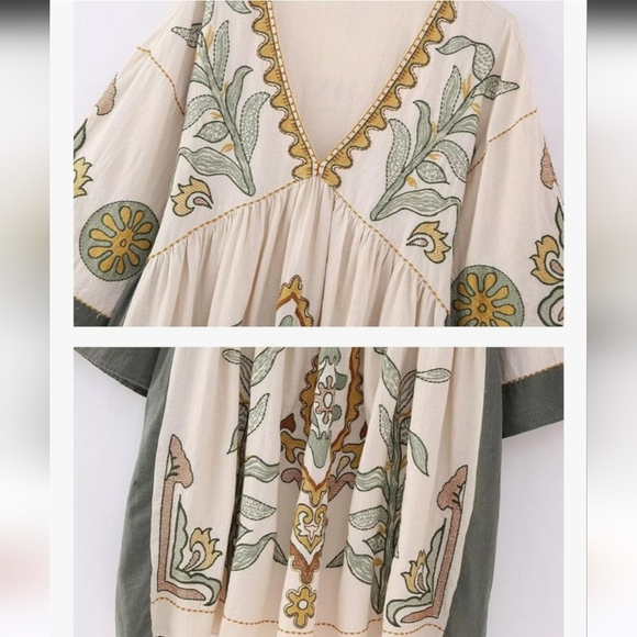 Womens Floral Embroidered Loose Fit V Neck Babydoll Dress - Picture 9 of 9